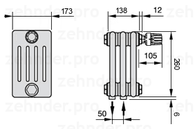Схема (чертеж) Радиатор Zehnder Charleston 5026/3 №V008 Белый глянцевый RAL 9016